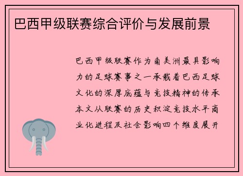 巴西甲级联赛综合评价与发展前景